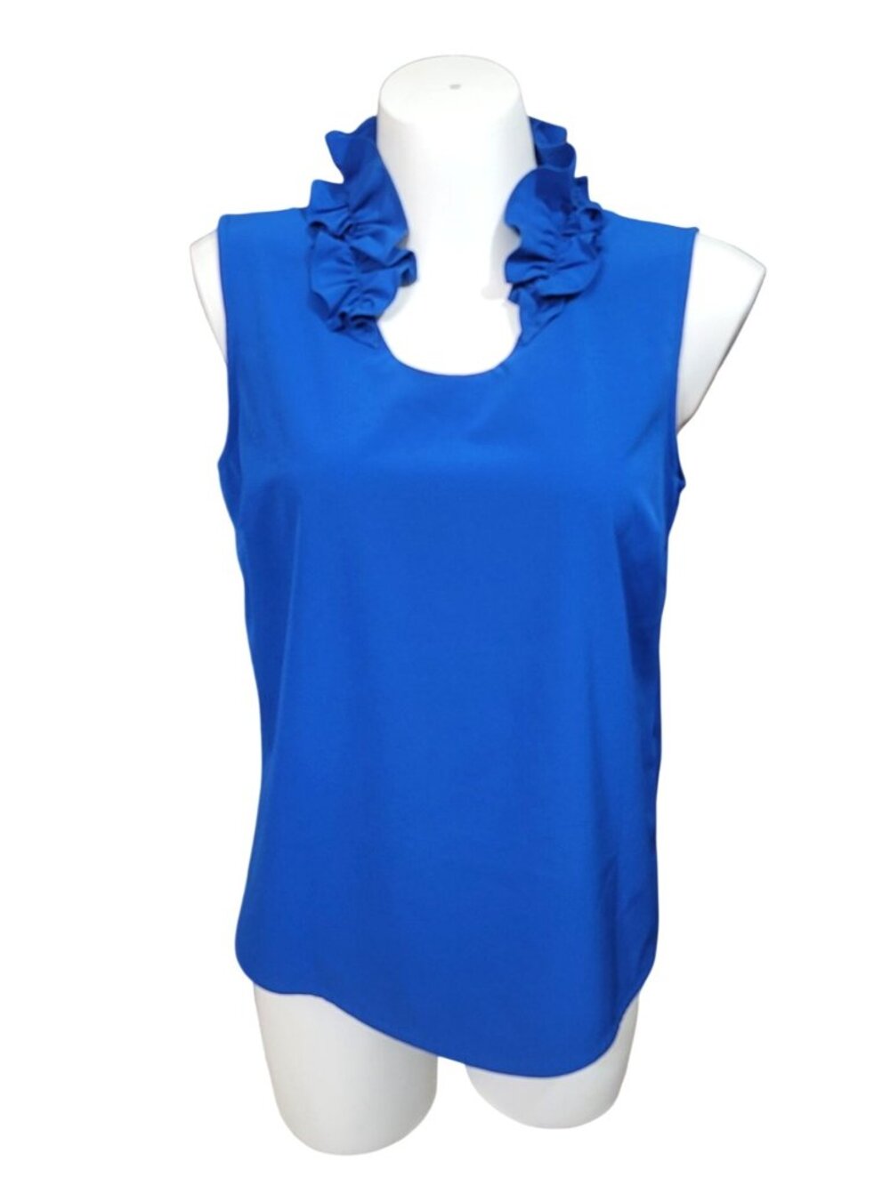 Sleeveless Blue Ruffle Neck Top By Chicos Size 1 US 8 Polyester/Spandex Blend